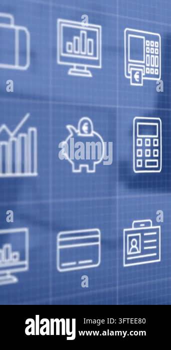 Animation of icons and data processing over work station in office ...