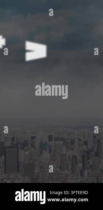 Animation of floating icons over cityscape. global science, technology ...