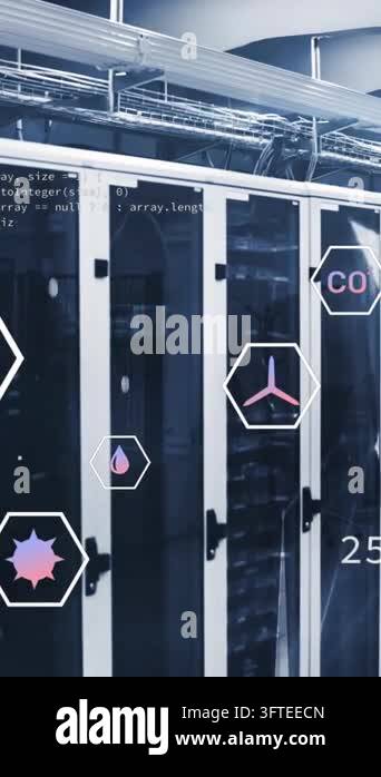 Animation of multiple icons over connected dots on server racks in ...