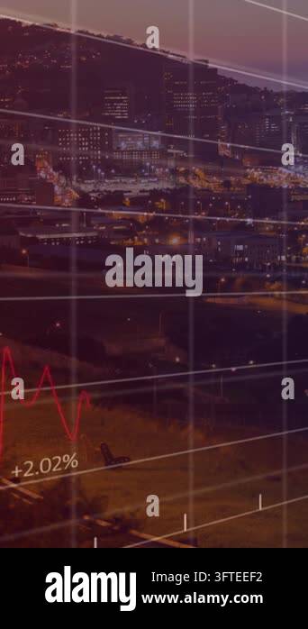 Animation of data processing over cityscape. Global connections and ...