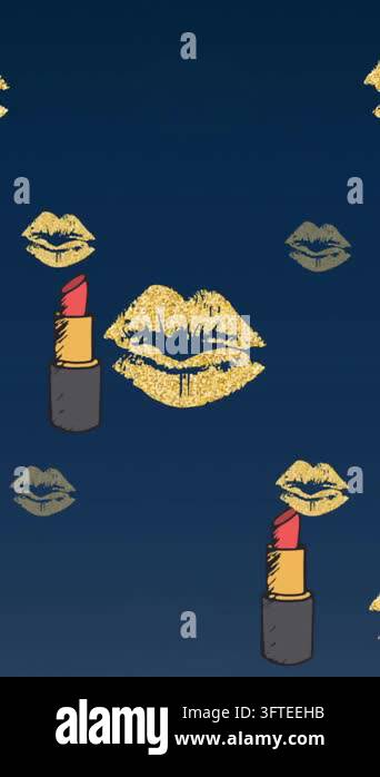 Animation of lipstick and lips icons on blue background. fashion and ...