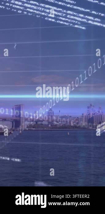 Animation of data processing over cityscape. Global connections and ...