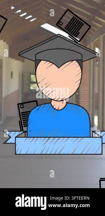 Animation of school items icons moving over corridor. education ...