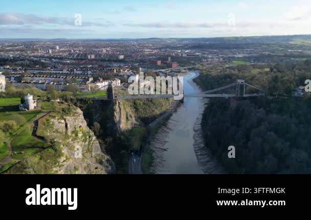 Aerial drone view of Clifton Suspension Bridge spanning Avon Gorge with ...
