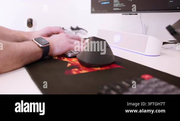 Code writing. Typing keyboard. Male backend expert hand programming ...