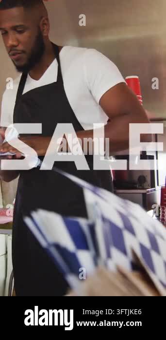 Hand With Rag Vertical video: Glitching SALE causing man wearing black apron wiping ...