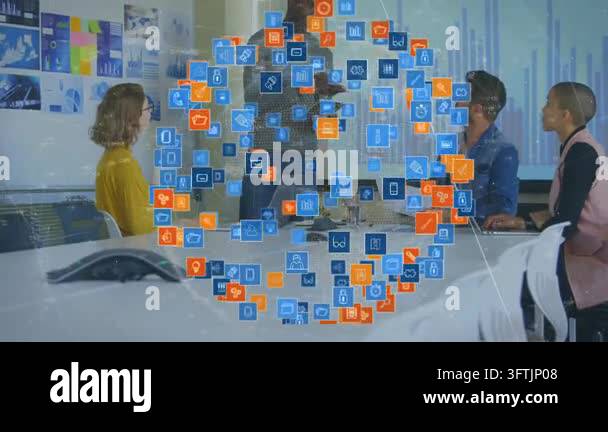 Presenter holding tablet and gesturing, causing rotating icon ring ...