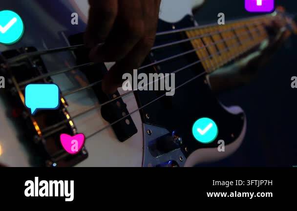 Right hand plucking bass strings, starting social icons floating over ...