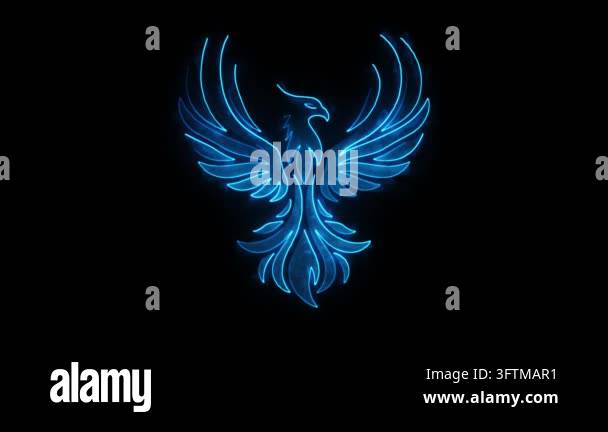 A glowing blue neon outline of a phoenix bird appears and fades on a ...