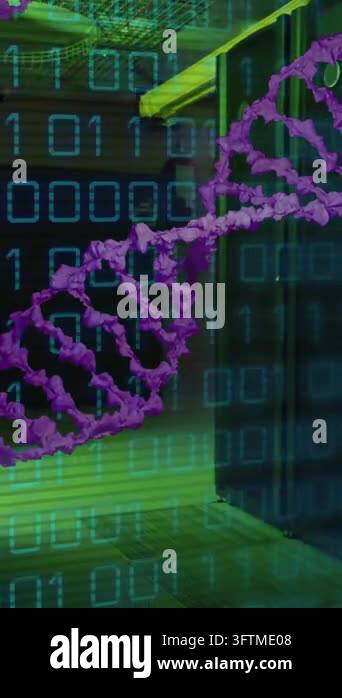 Animation of dna strand, binary coding and data processing over ...