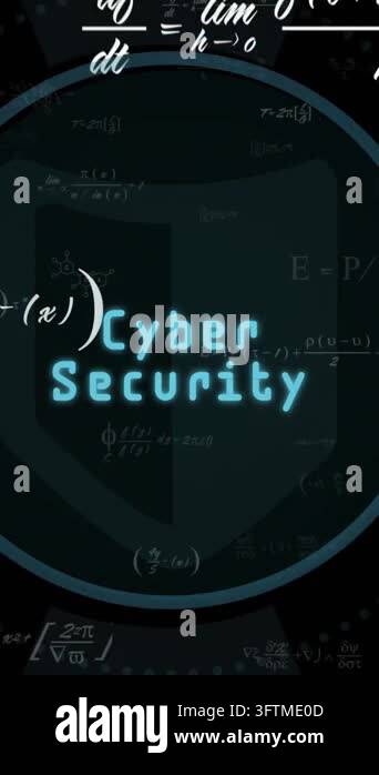 Cybersecurity shield with lock icon animation over mathematical ...