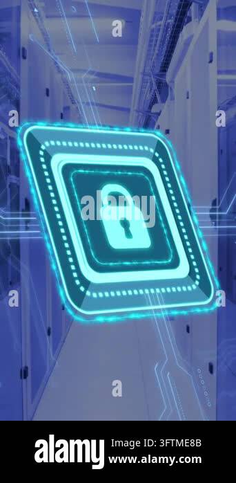 Animation of digital data processing, padlock icon, circuit board and ...