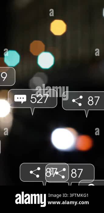 Animation of social media icons and numbers over out of focus city ...