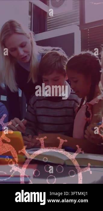 Animation of Covid 19 cells and icons floating over schoolchildren with ...