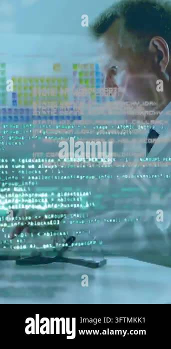 Animation of data flowing over a view of a male laboratory worker using ...
