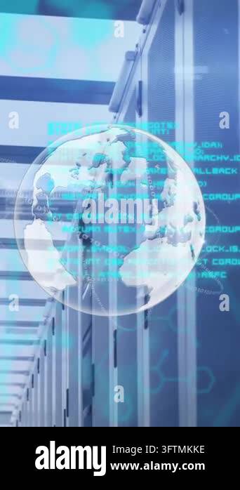 Animation of globe with data processing over computer servers. Global ...