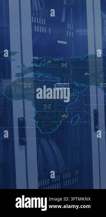 Animation of digital data processing over world map and computer ...