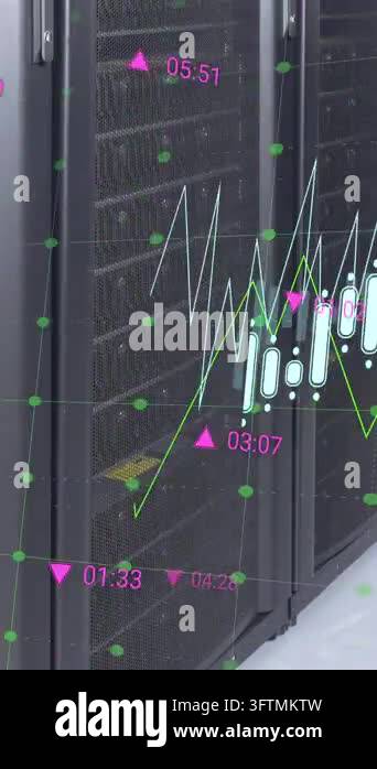 Animation of data processing against computer server room. Computer ...