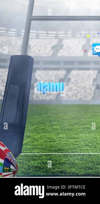 Animation of social media icons and countries flag design on rugby ball ...