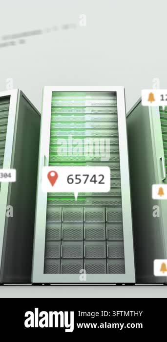 Animation of notification with numbers icons over data server racks ...