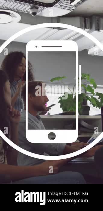 Animation of smartphone icon against team of diverse colleagues ...