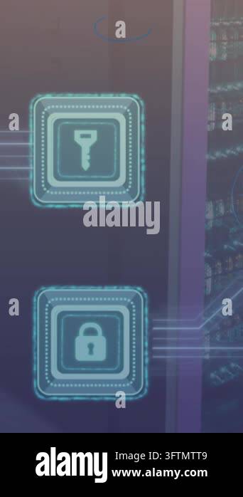 Animation of security padlock and key icon with microprocessor ...