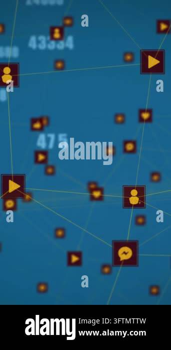 Animation of multiple changing numbers and network of digital icons ...