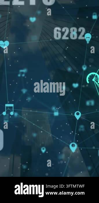 Animation of changing numbers, connected icons forming globe against ...