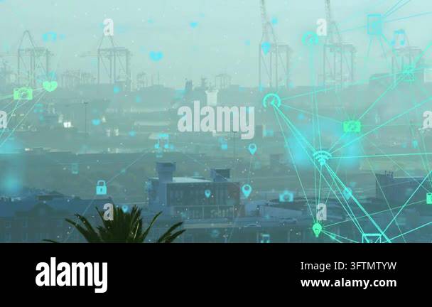 Digital icons drifting from right edge and linking over hazy harbor ...