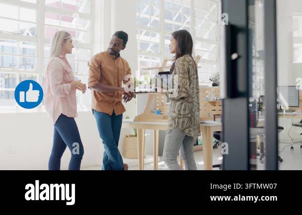 Three colleagues in business, woman showing tablet and sparking blue ...