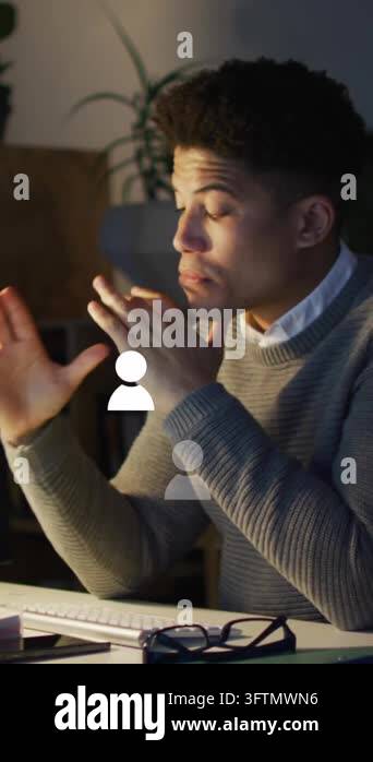 Animation of people icons and numbers over businessman. Social media ...