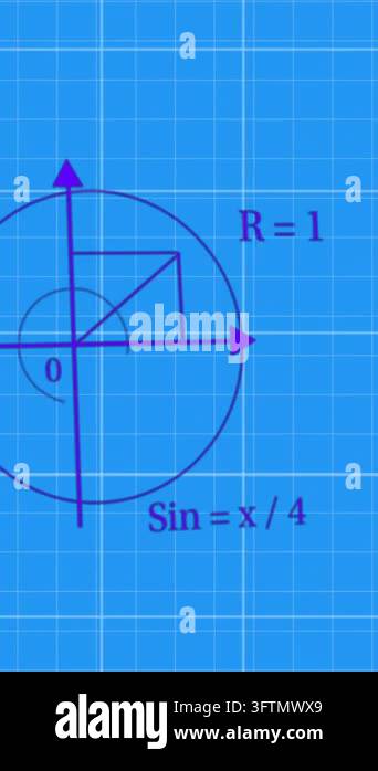 Mathematical equations and geometric shapes animation over blue grid ...