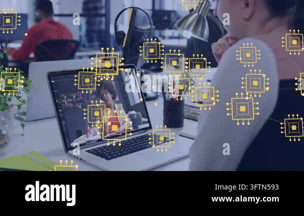 Woman at desk watching laptop as remote peer speaking, reacting, AI ...