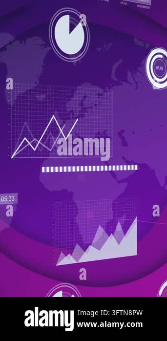Graphs and charts animation over world map in purple tones. Data ...