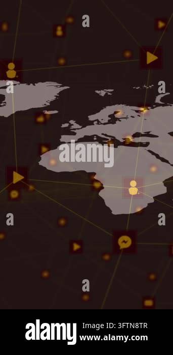 Network of digital icons against world map on black background. global ...