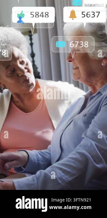 Animation of social media icons and numbers over senior diverse female ...