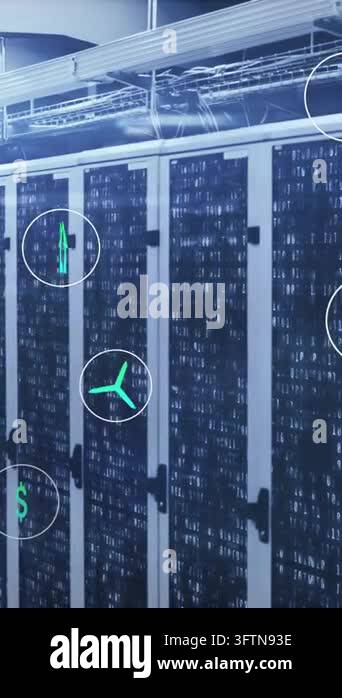 Animation of eco icons and digital data processing over computer ...