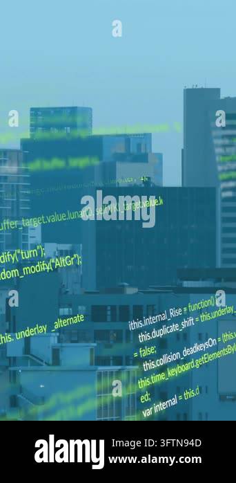 Computer code animation over cityscape with modern buildings ...