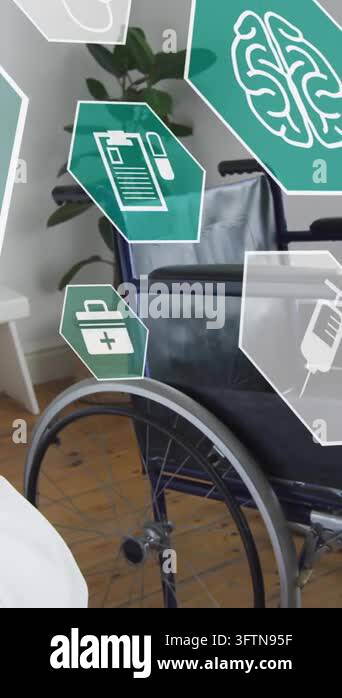 Animation of medical icons over empty wheelchair. Medicine, science and ...