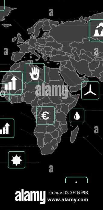 Animation of eco icons and data processing over world map. global ...