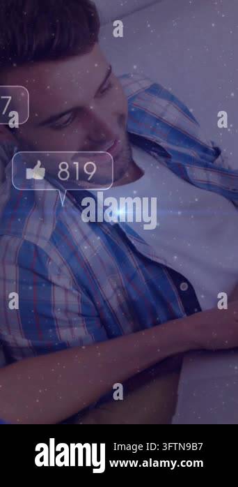 Animation of social media icons with numbers over caucasian couple ...