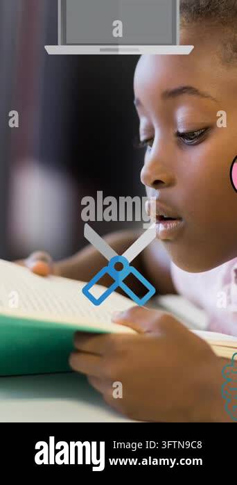 Animation of school icons scrolling over schoolgirl reading in class ...