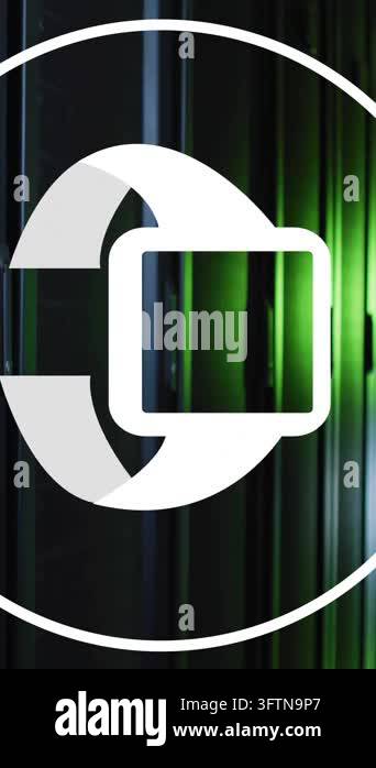 Smartwatch icon animation over server racks in data center. Technology ...