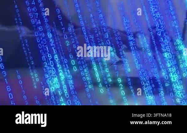 Hands typing on laptop and starting animated blue digit code ...