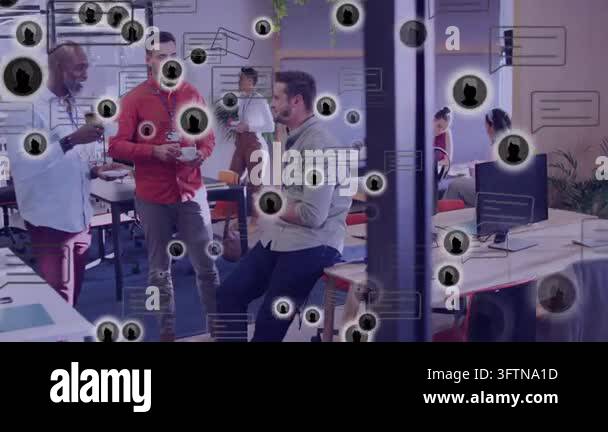 Three men with coffee chatting on break in office, sparking animated ...