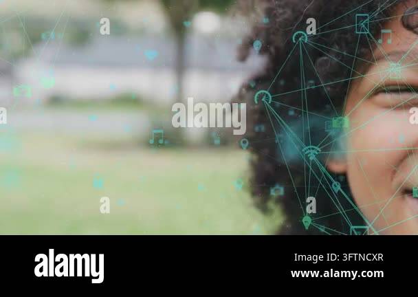 Camera zooming on smiling boy, tech overlay growing into icon mesh over ...