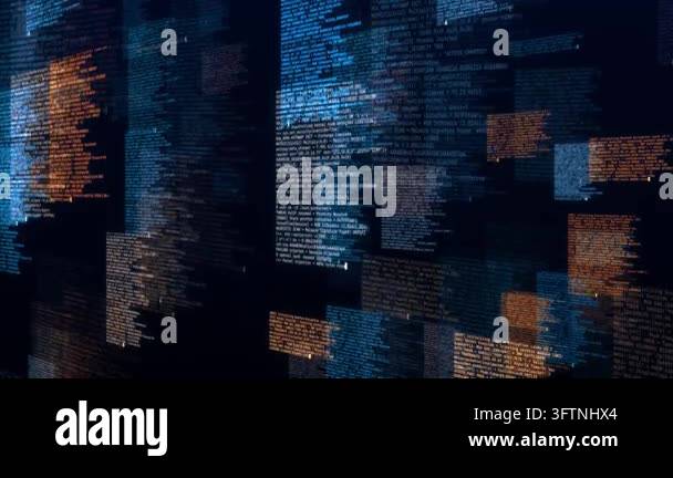 3D digital background with layered floating blue and orange programming ...