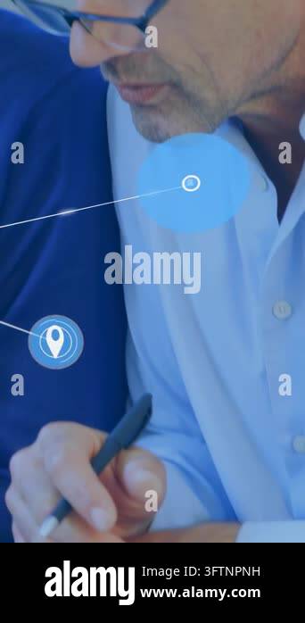 Vertical video: Lead pointing pen at charts floating data icons ...