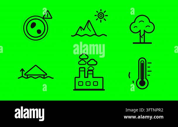Collection of animated environmental icons including sun, mountains ...