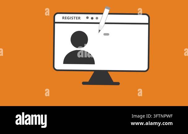 Animated graphic of a computer screen displaying a registration form. A ...